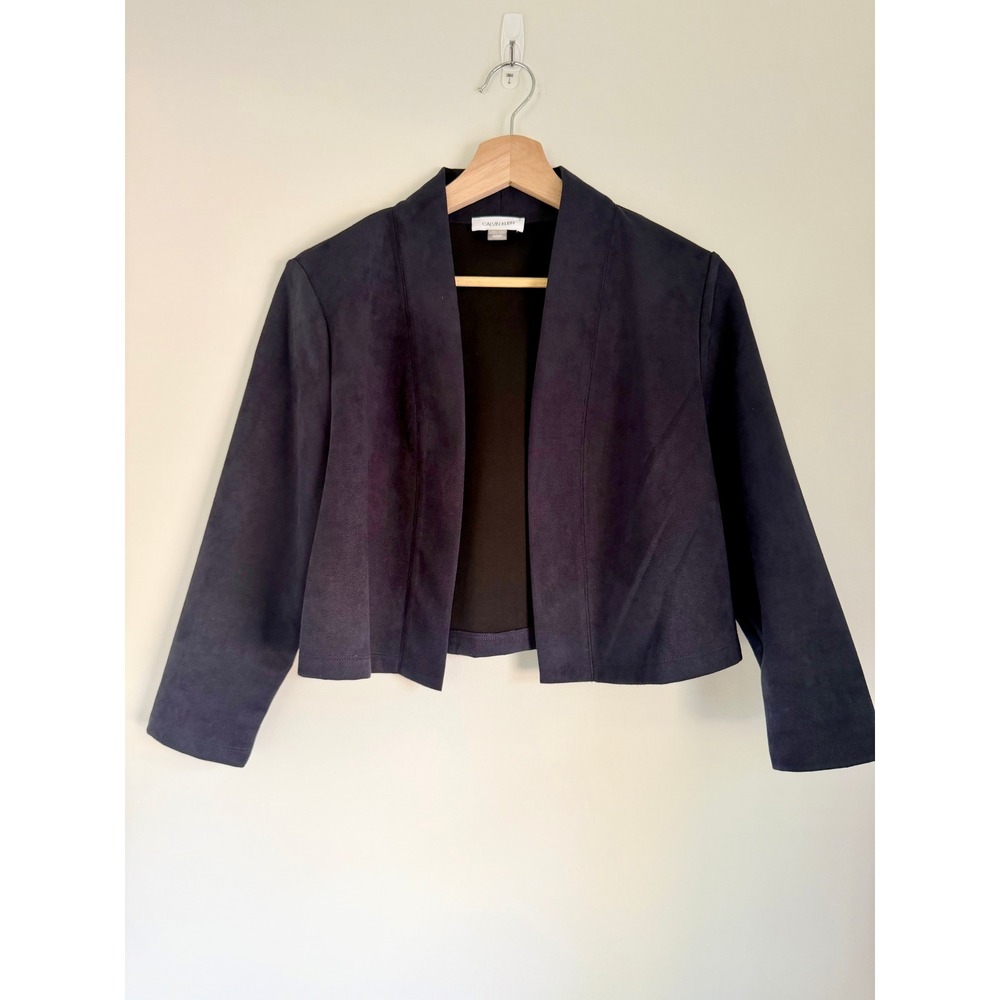 Calvin Klein Navy Blue Suede-like Cropped Cardigan Blazer 3/4 Sleeves Size M